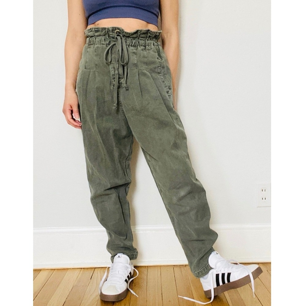 Free People Pants Womens XS Green Paperbag Waist Tapered Leg Drawstring Casual